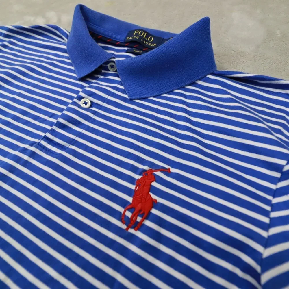 Polo Ralph Lauren Pro Fit Blue White Stripe Big Red‎ Pony Polo Shirt size Medium